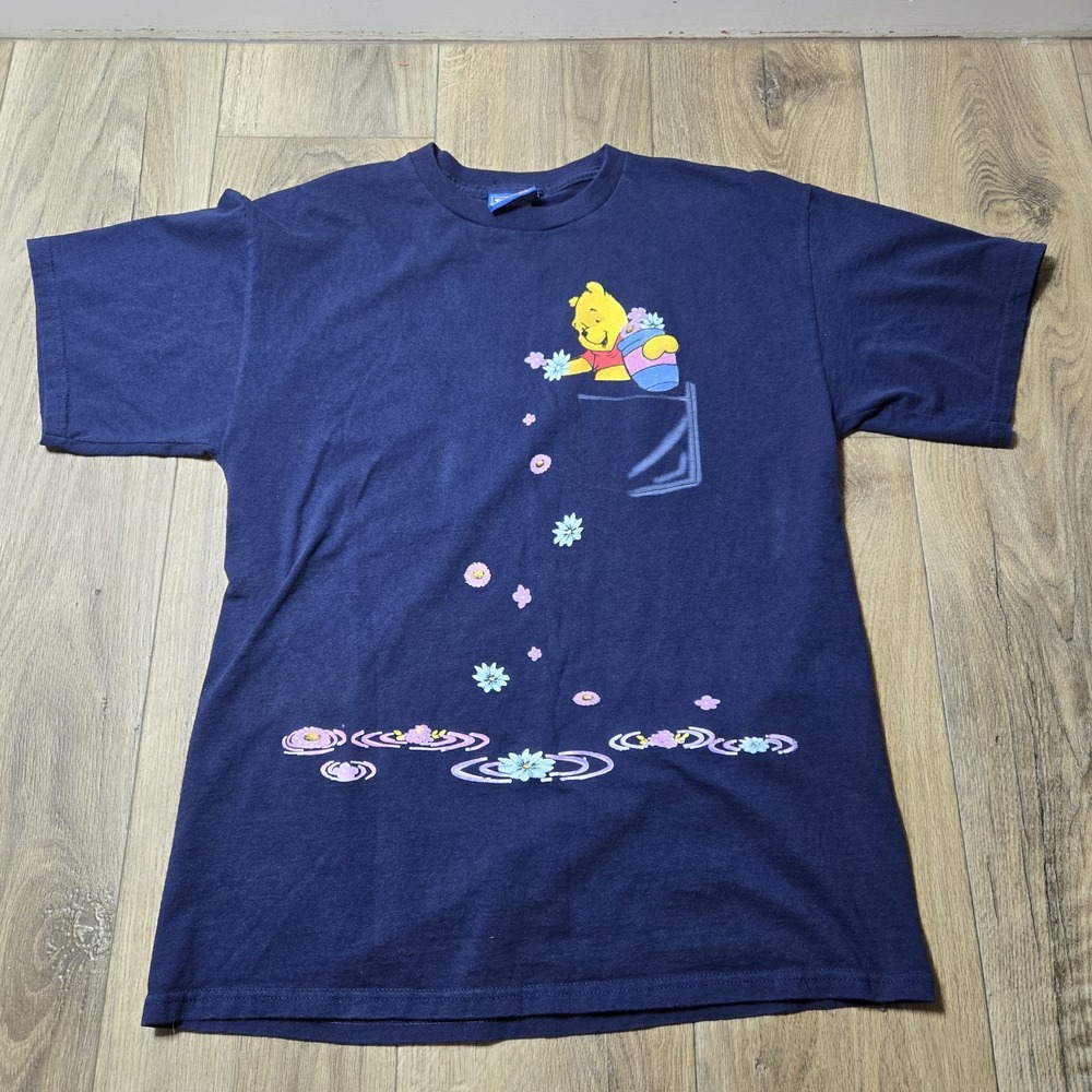 Vintage Disney Winnie the Pooh Shirt Mens Medium Blue Short Sleeve Floral Tee
